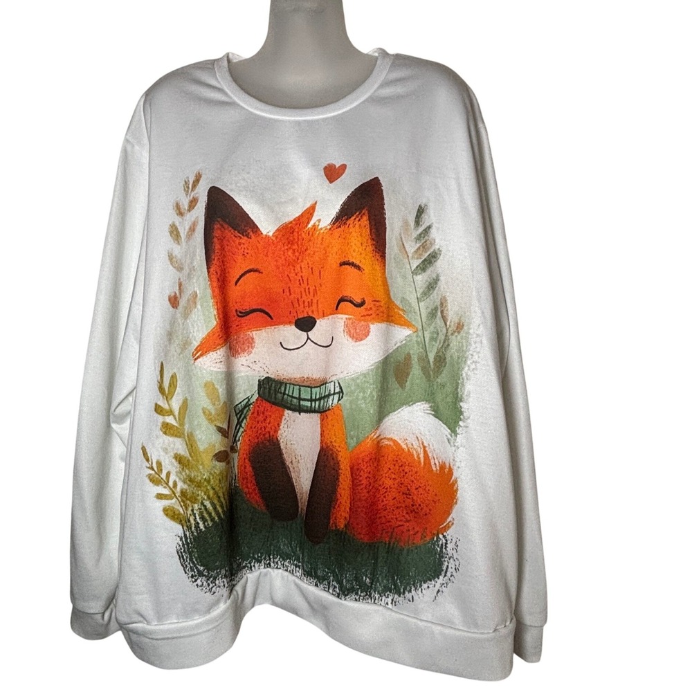 Womens White Fox Graphic Sweatshirt Cute Woodland Animal Pullover 3XL